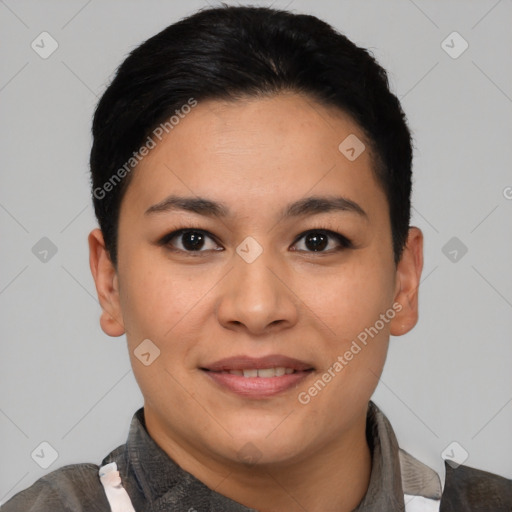 Joyful asian young-adult female with short  black hair and brown eyes