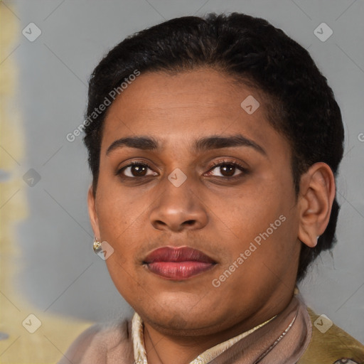 Joyful latino young-adult female with short  brown hair and brown eyes