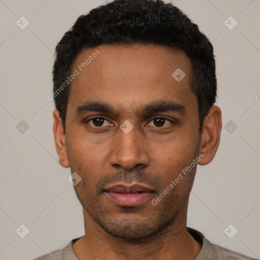 Neutral latino young-adult male with short  black hair and brown eyes