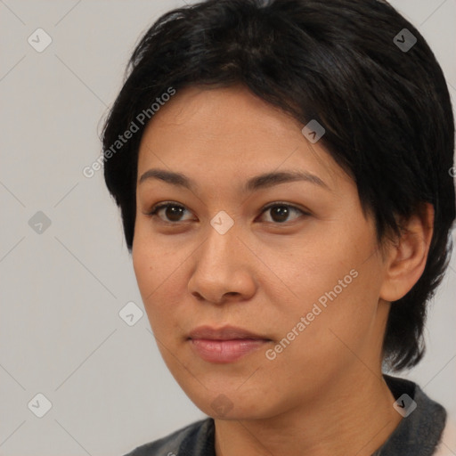 Neutral asian young-adult female with short  brown hair and brown eyes