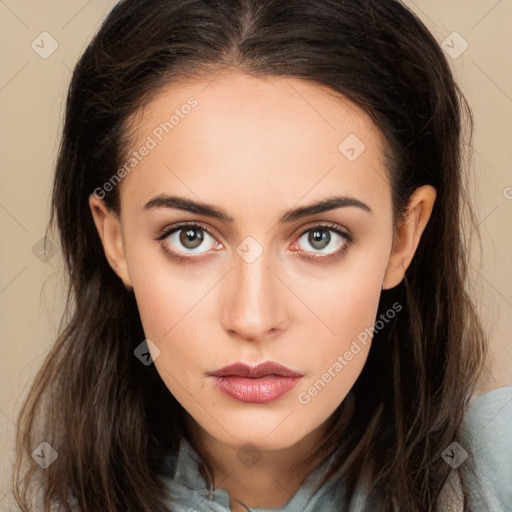 Neutral white young-adult female with long  brown hair and brown eyes