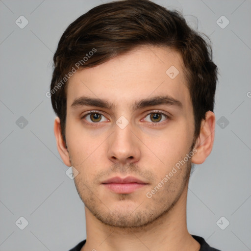 Neutral white young-adult male with short  brown hair and brown eyes