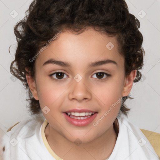 Joyful white child female with medium  brown hair and brown eyes