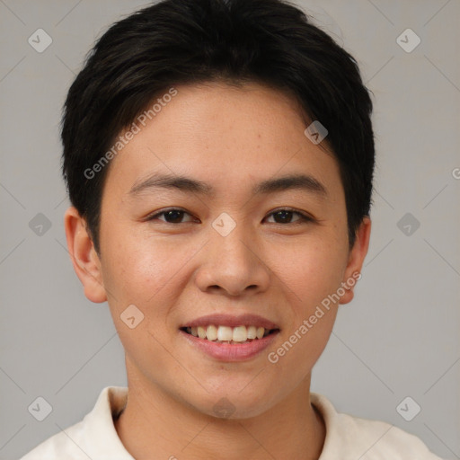 Joyful asian young-adult female with short  brown hair and brown eyes