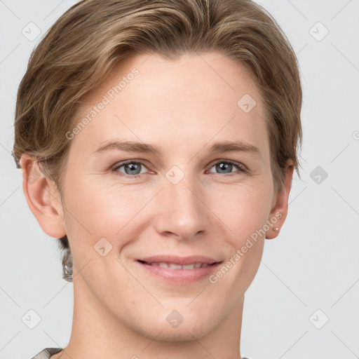 Joyful white young-adult female with short  brown hair and grey eyes