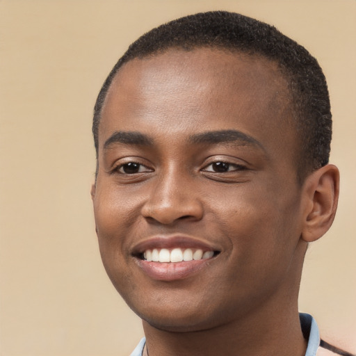 Joyful black young-adult male with short  brown hair and brown eyes