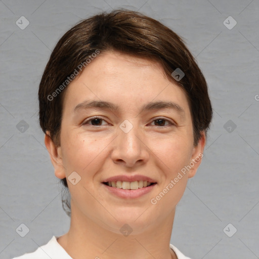 Joyful white young-adult female with short  brown hair and brown eyes