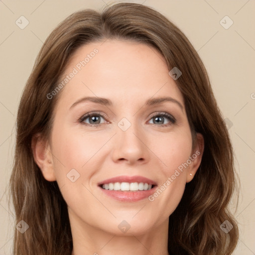 Joyful white young-adult female with long  brown hair and green eyes