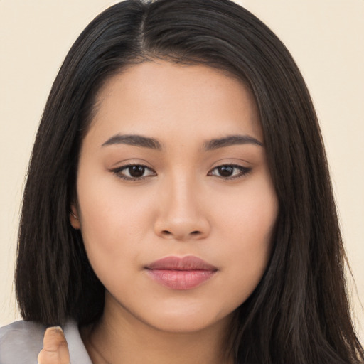 Neutral asian young-adult female with long  black hair and brown eyes