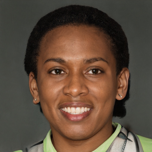 Joyful latino young-adult female with short  black hair and brown eyes