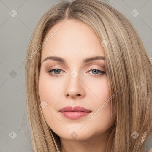 Neutral white young-adult female with long  brown hair and brown eyes