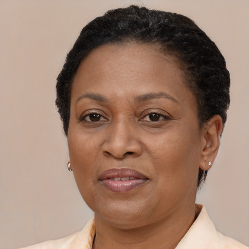 Joyful black adult female with short  brown hair and brown eyes