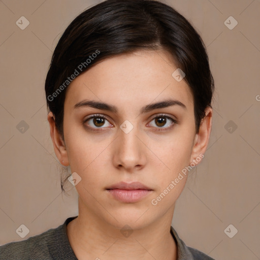 Neutral white young-adult female with medium  brown hair and brown eyes