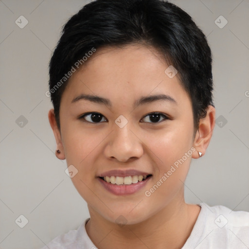 Joyful asian young-adult female with short  brown hair and brown eyes