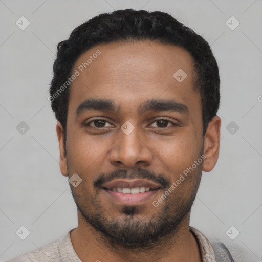 Neutral black young-adult male with short  black hair and brown eyes