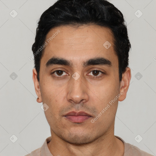 Neutral latino young-adult male with short  black hair and brown eyes