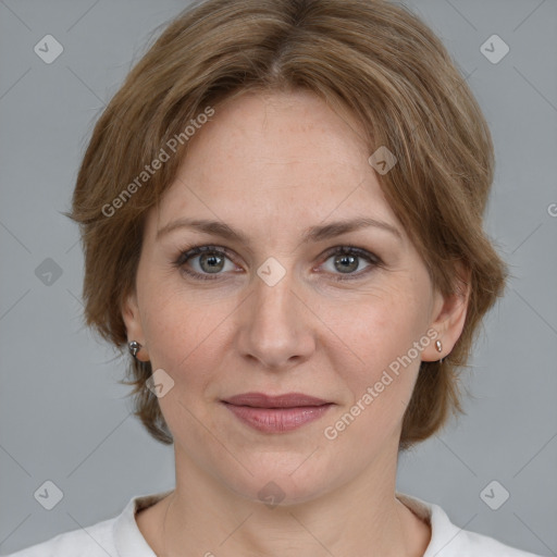 Joyful white adult female with medium  brown hair and grey eyes