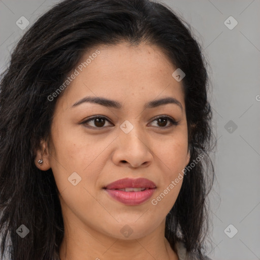 Joyful asian young-adult female with long  brown hair and brown eyes