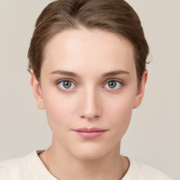 Neutral white young-adult female with short  brown hair and brown eyes