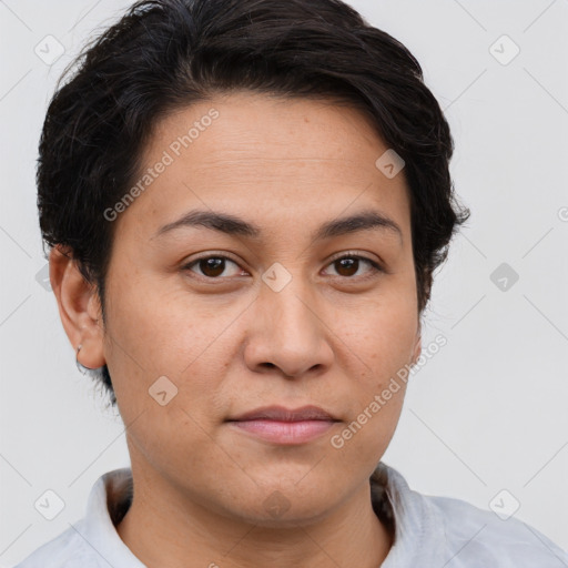 Joyful white young-adult female with short  brown hair and brown eyes