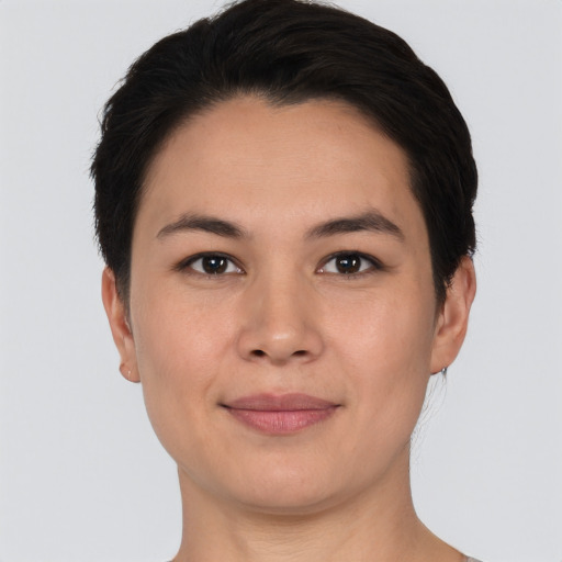 Joyful white young-adult female with short  black hair and brown eyes