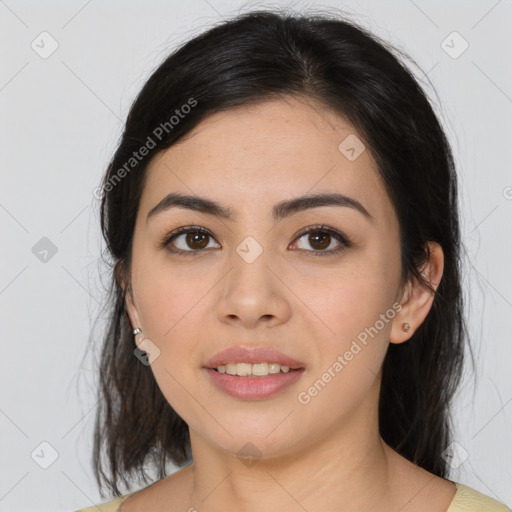 Joyful asian young-adult female with medium  brown hair and brown eyes