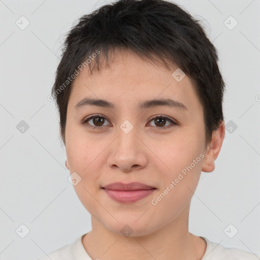 Joyful asian young-adult female with short  brown hair and brown eyes