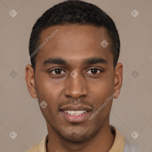 Joyful black young-adult male with short  black hair and brown eyes