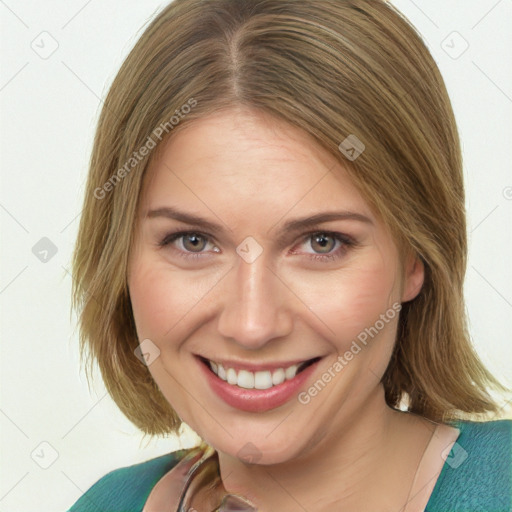 Joyful white young-adult female with medium  brown hair and green eyes