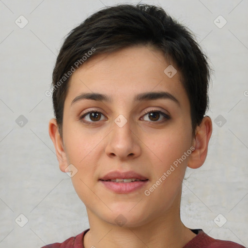 Joyful white young-adult female with short  brown hair and brown eyes