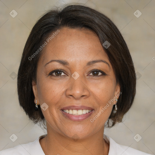 Joyful white adult female with medium  brown hair and brown eyes