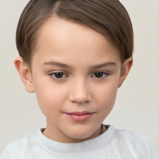 Joyful white child female with short  brown hair and brown eyes