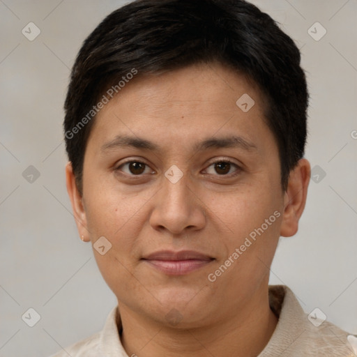 Joyful white adult female with short  brown hair and brown eyes