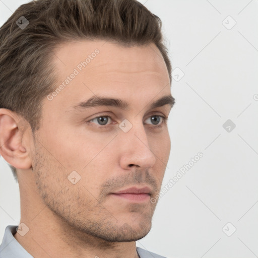 Neutral white young-adult male with short  brown hair and brown eyes