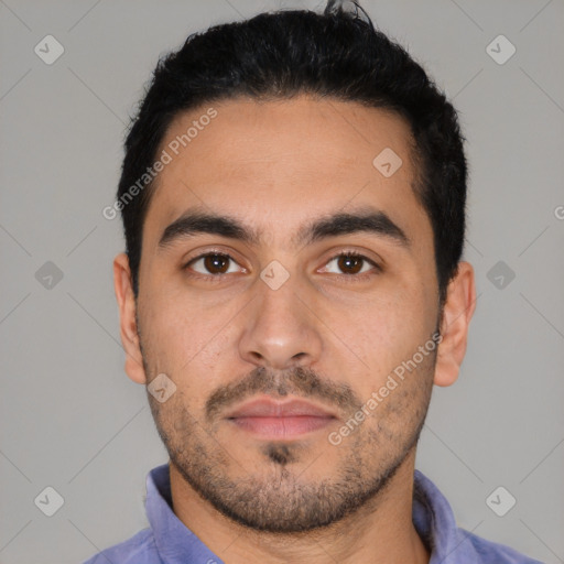 Neutral latino young-adult male with short  black hair and brown eyes