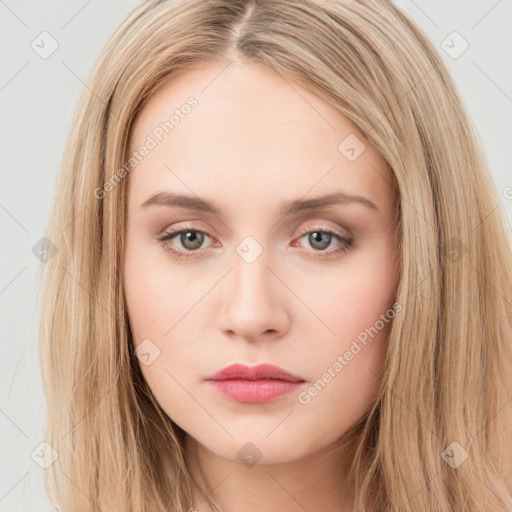 Neutral white young-adult female with long  brown hair and brown eyes