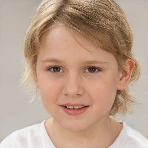 Joyful white child female with medium  blond hair and brown eyes