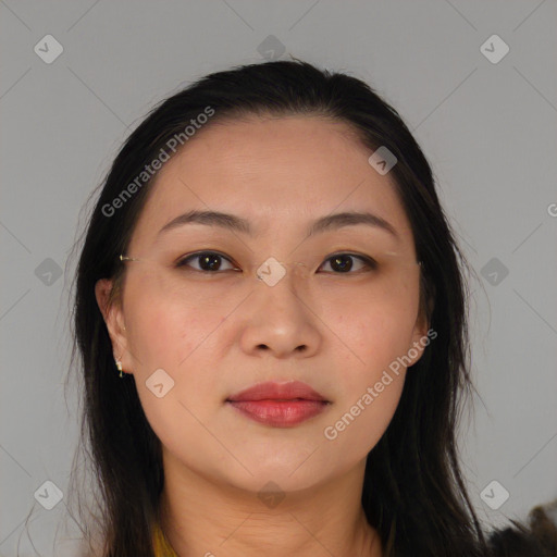 Neutral asian young-adult female with medium  brown hair and brown eyes