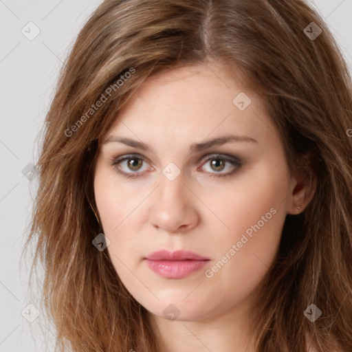 Neutral white young-adult female with long  brown hair and brown eyes