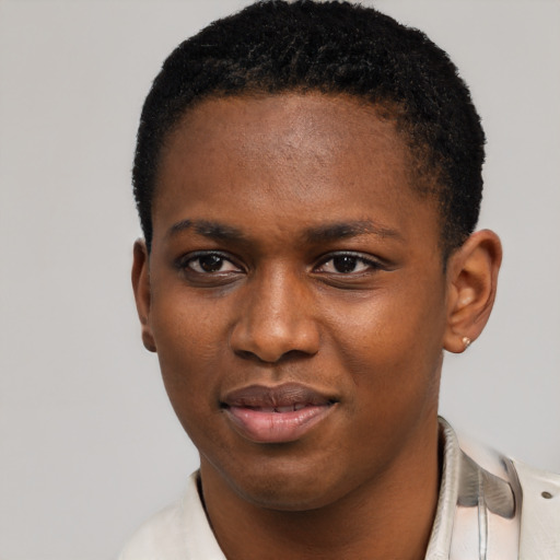 Joyful black young-adult female with short  black hair and brown eyes