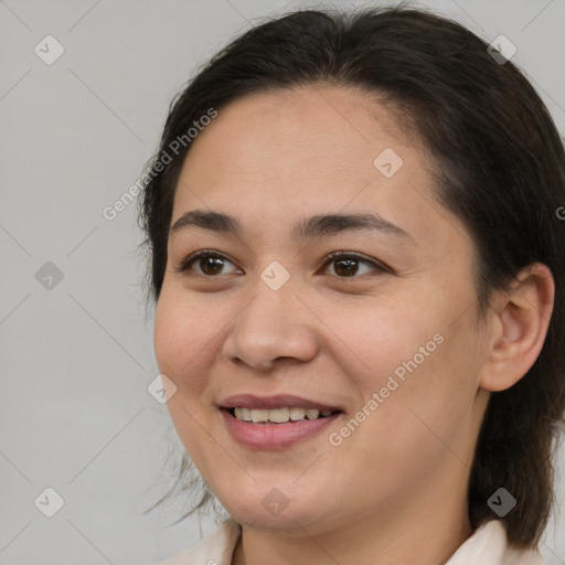 Joyful white young-adult female with medium  brown hair and brown eyes