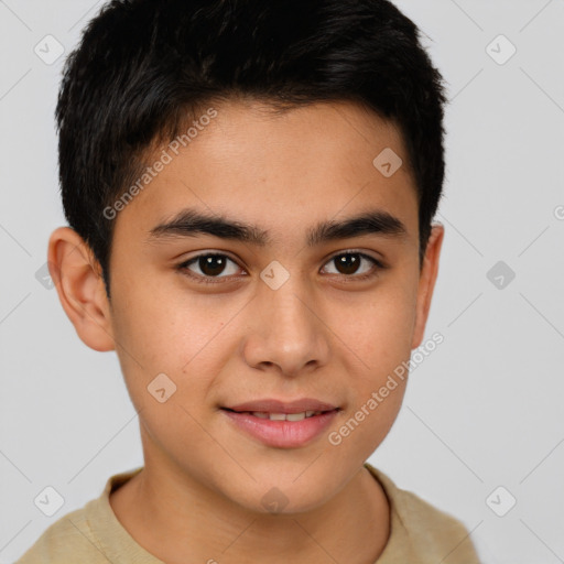 Joyful latino young-adult male with short  brown hair and brown eyes