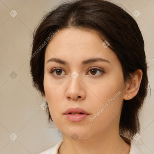 Neutral white young-adult female with medium  brown hair and brown eyes