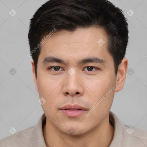 Neutral asian young-adult male with short  brown hair and brown eyes