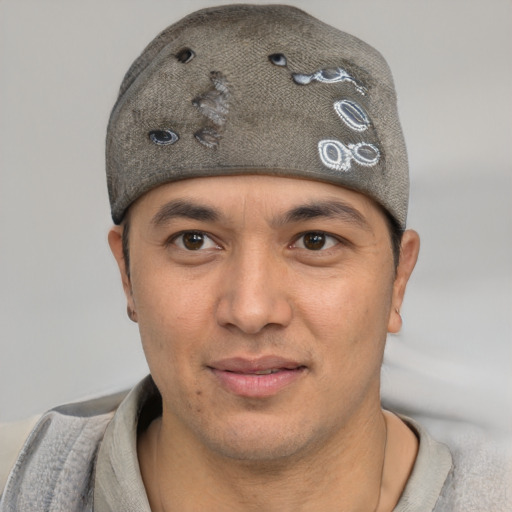 Joyful latino young-adult male with short  brown hair and brown eyes