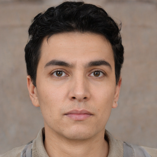 Neutral asian young-adult male with short  black hair and brown eyes
