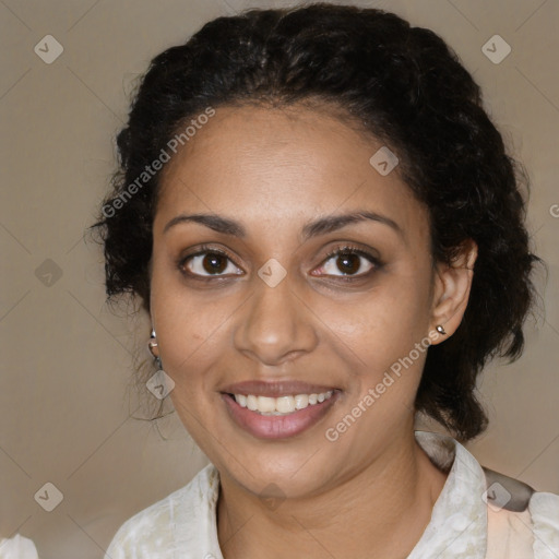 Joyful black young-adult female with medium  black hair and brown eyes