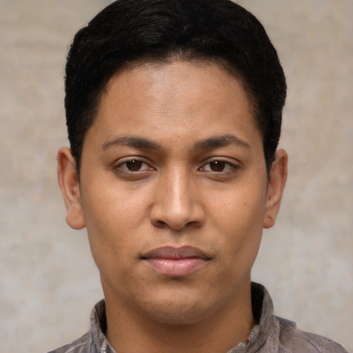 Neutral asian young-adult female with short  black hair and brown eyes