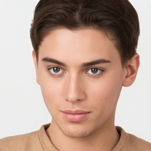 Neutral white young-adult male with short  brown hair and brown eyes