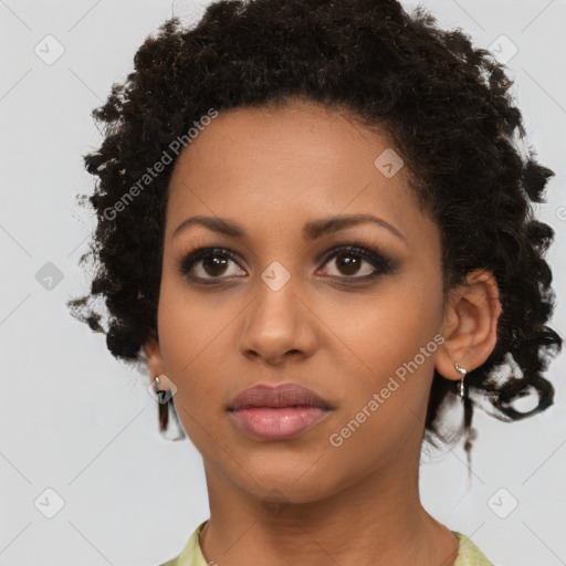 Neutral black young-adult female with short  brown hair and brown eyes